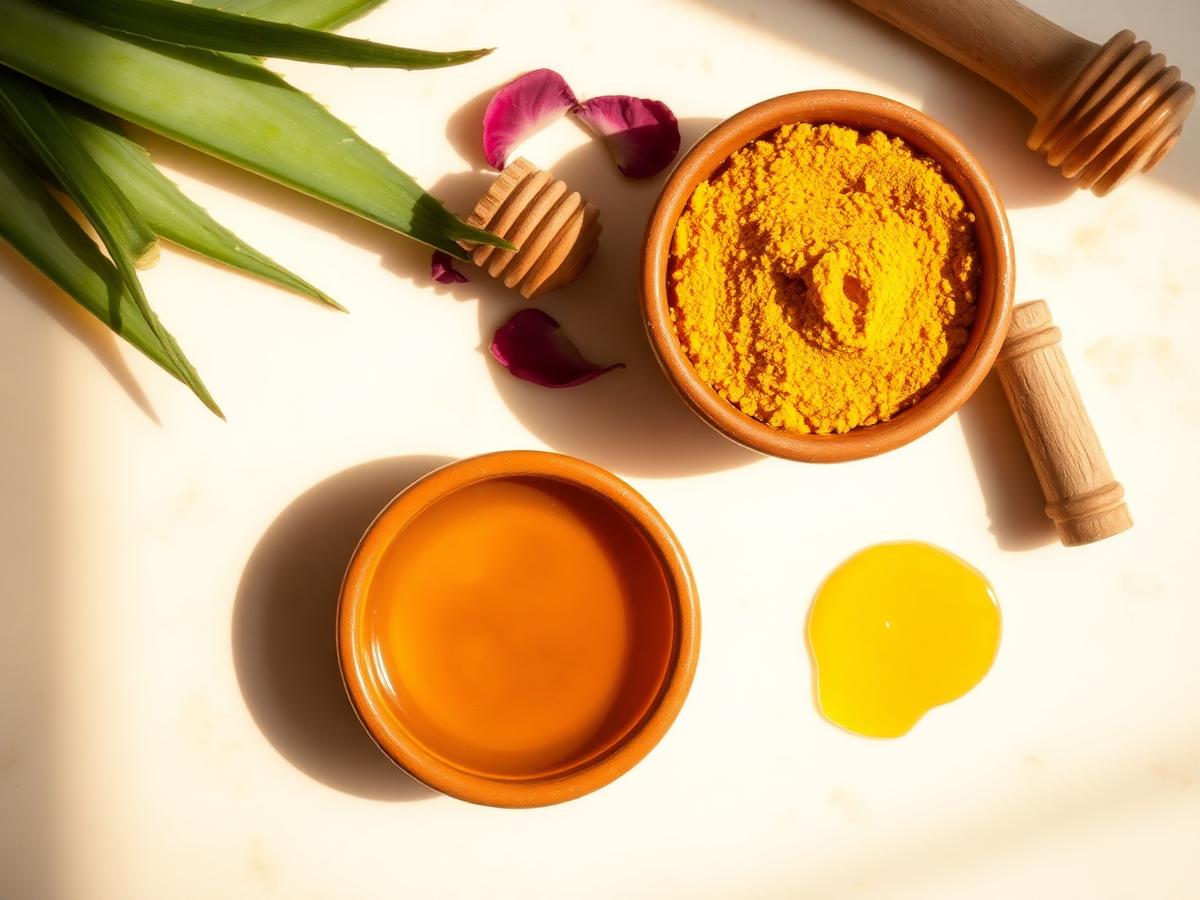 Bowl of turmeric with aloe vera, honey and rose petals